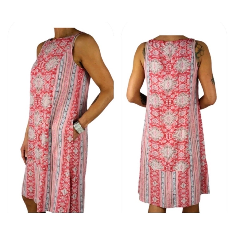J. Jill Pink Red Medallion Print Sleeveless Rayon Shift Dress Pockets L Boho